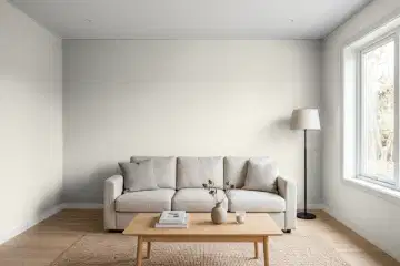 Living room with walls painted Sherwin-Williams Repose Gray SW 7015 (simulated)