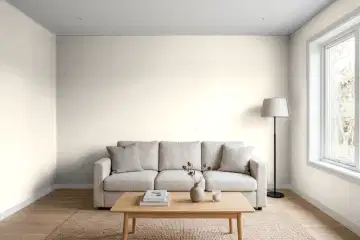 Living room with walls painted Sherwin-Williams Shoji White SW 7042 (simulated)