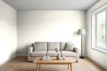 Living room with walls painted Sherwin-Williams Alabaster SW 7008 (simulated)